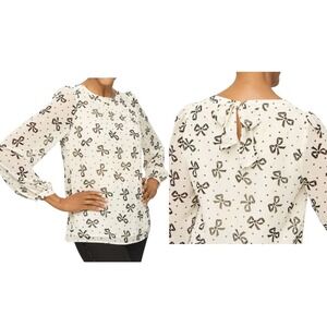 Talbots Bow Print Blouse Tie Neck‎ Long Sleeve White Black Women Size Medium New